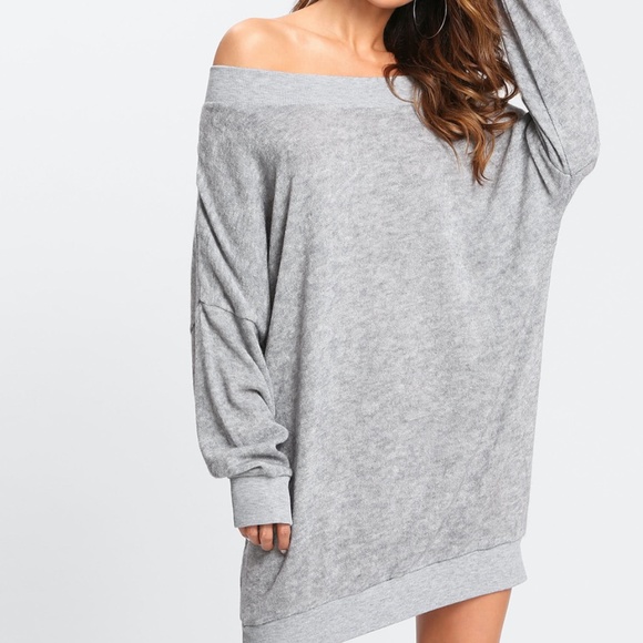 oversized grey off shoulder knit sweater dress - Picture 3 of 6